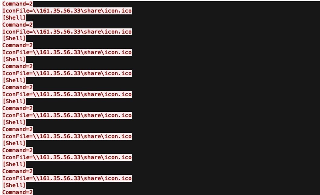Figure 3: Contents of the file 'Thumbs.scf' showing the UNC resource hosted on the external endpoint.